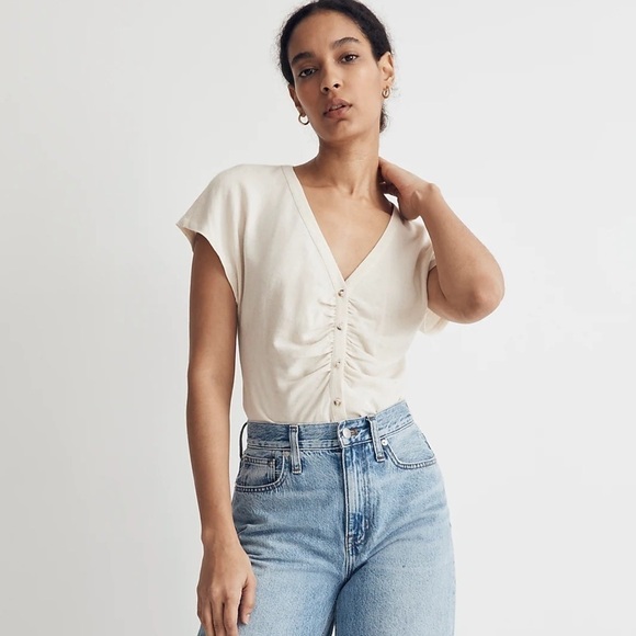 Madewell linen ruched button front top natural undyed - Picture 1 of 7